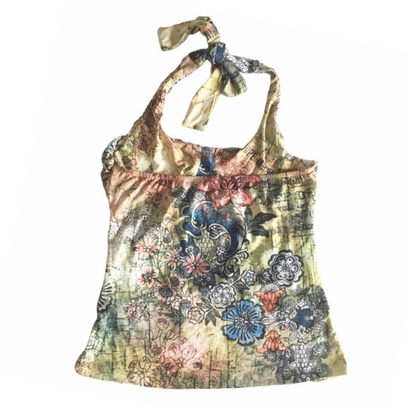 new Boho Chic ❤︎ Romantic Artsy Floral Print Draped Halter Top ❤︎ Pin Up Chic L - Picture 4 of 16
